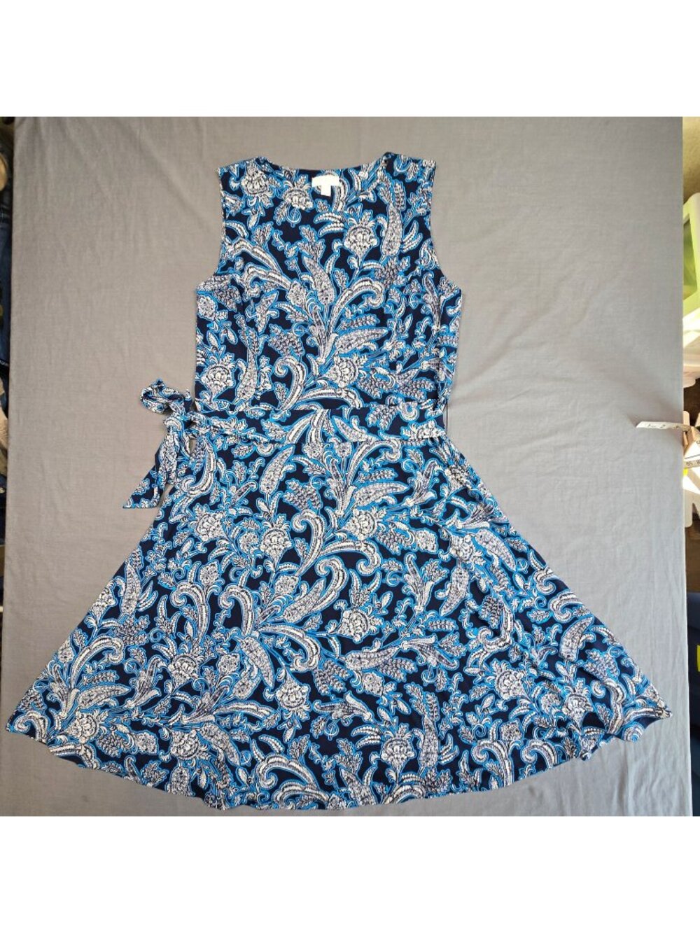 Charter Club L Sleeveless Paisley Print Blue/White Stretchy Flare Dress Liquid K